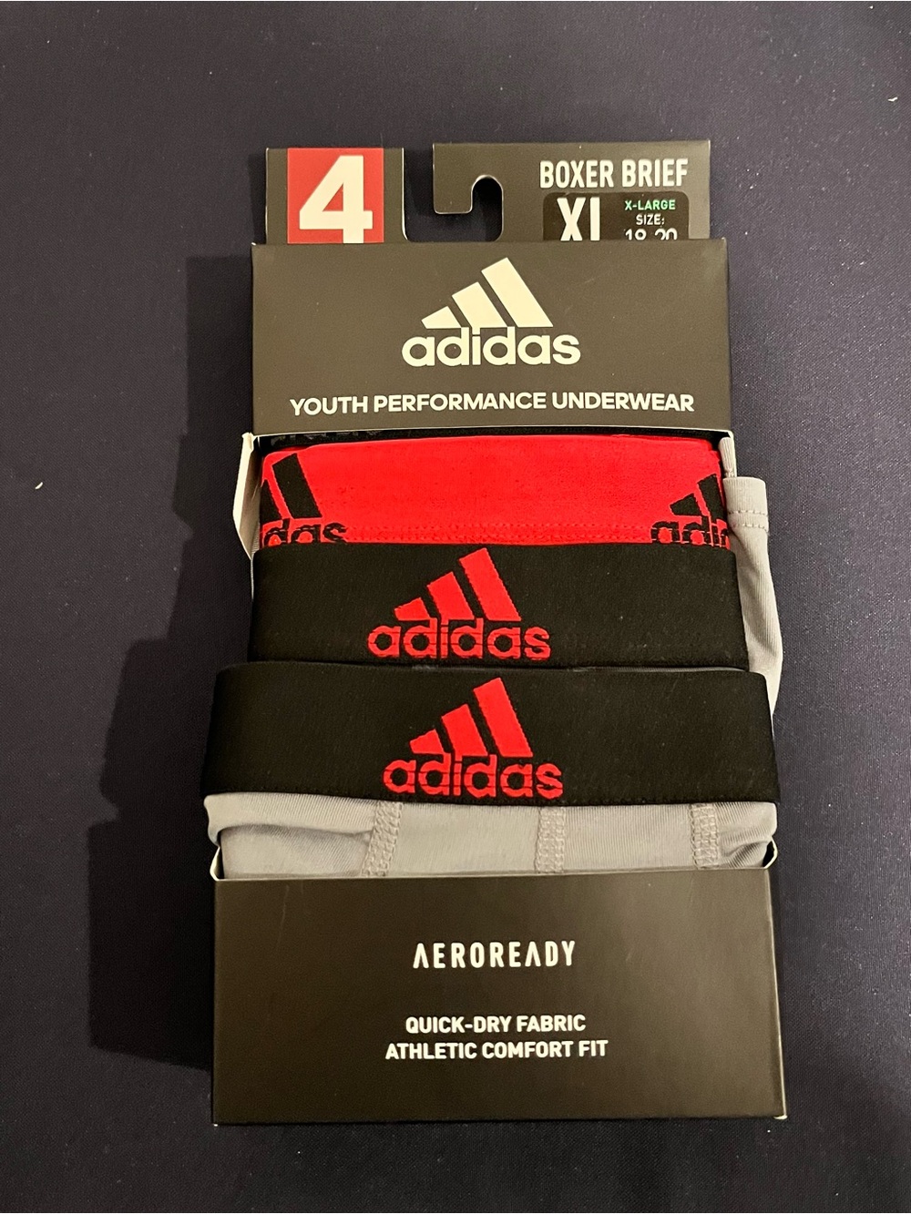adidas 4-Pack Youth Boxer Briefs - Red, Black, Gray Boy’s New XL 18-20 18/20